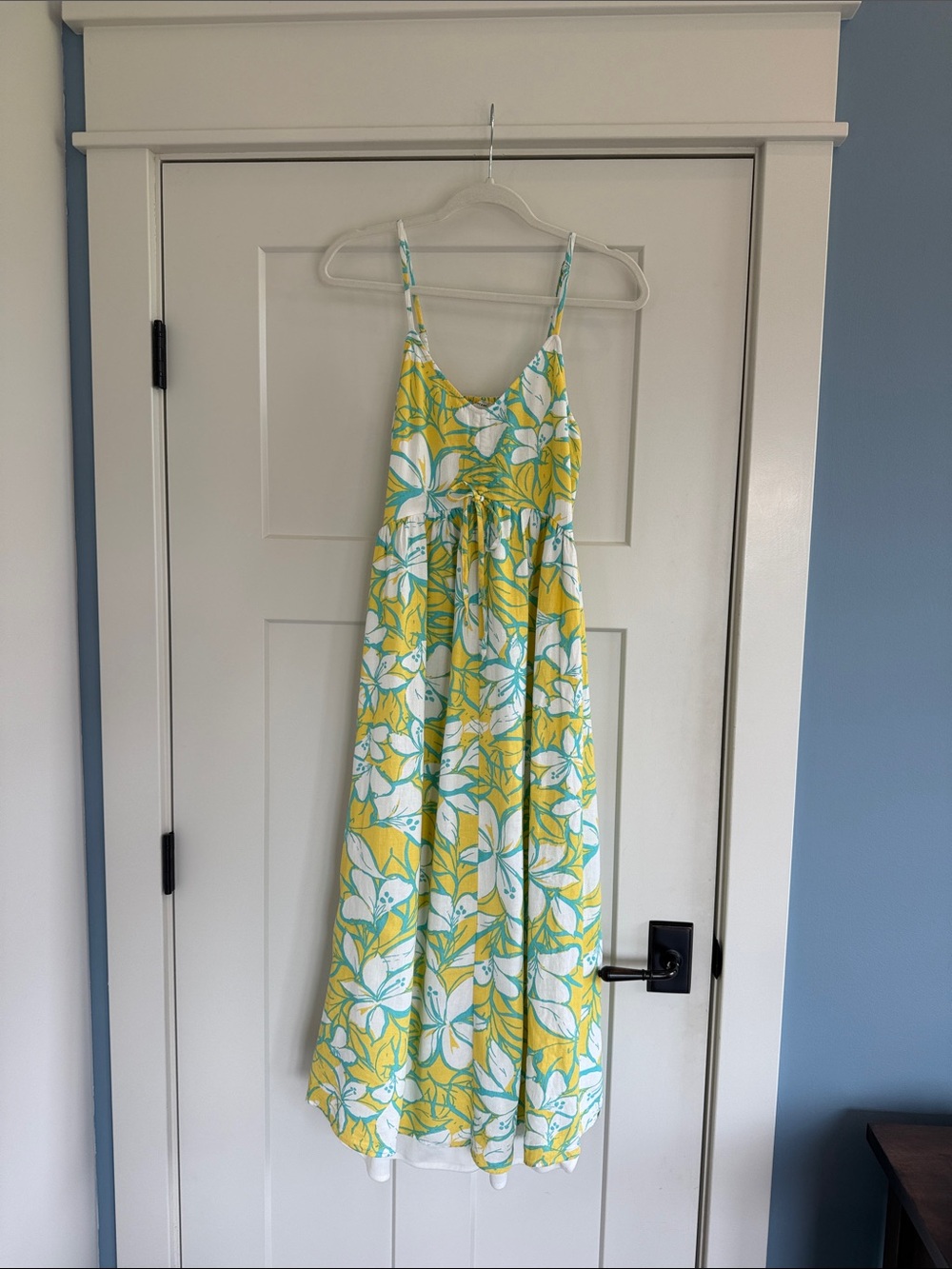 Sincerely Jules Yellow, White & Teal Floral Spaghetti Strap Midi Sundress Small